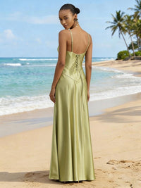 Satin A Line Spaghetti Straps Pleated Formal Dresses