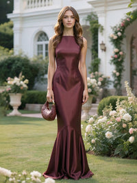 Satin Mermaid Boat Neck Pleated Formal Dresses