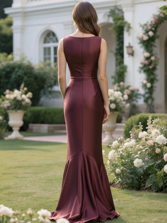Satin Mermaid Boat Neck Pleated Formal Dresses