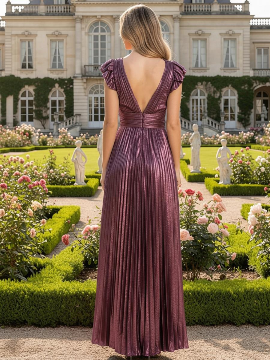 Glitter Metallic A Line V Neck Pleated Formal Dresses