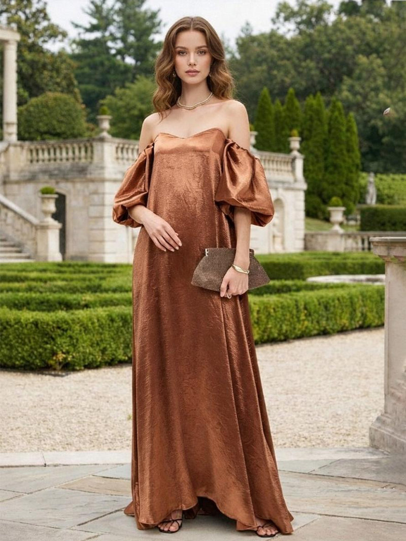 2026 Formal Evening Dresses with Sleeves Brown Off-the-Shoulder Satin A-Line Strapless Long Wedding Guest Dresses