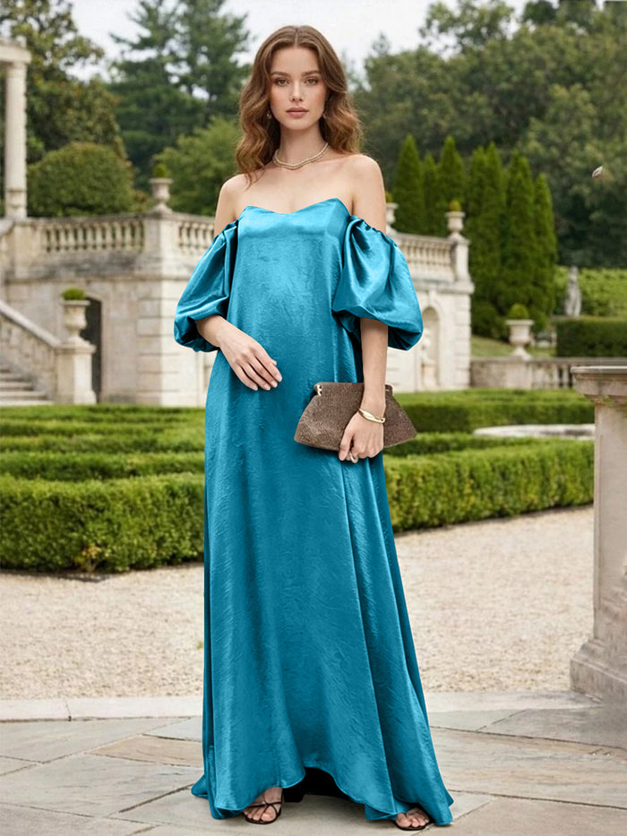 Satin A Line Off the Shoulder Pleated Formal Tent/ Trapeze Dresses