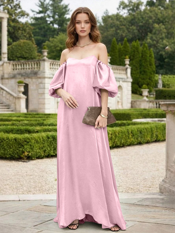 Satin A Line Off the Shoulder Pleated Formal Tent/ Trapeze Dresses