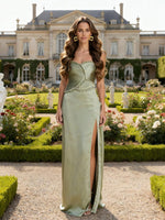 Satin Bodycon Strapless Formal Dresses with Slit