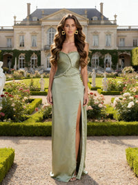 Satin Bodycon Strapless Formal Dresses with Slit