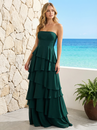 Chiffon A Line Strapless Tiered Bridesmaid Dresses