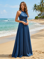 Satin A Line Halter Pleated Formal Dresses