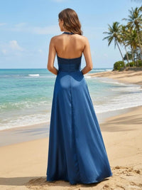 Satin A Line Halter Pleated Formal Dresses