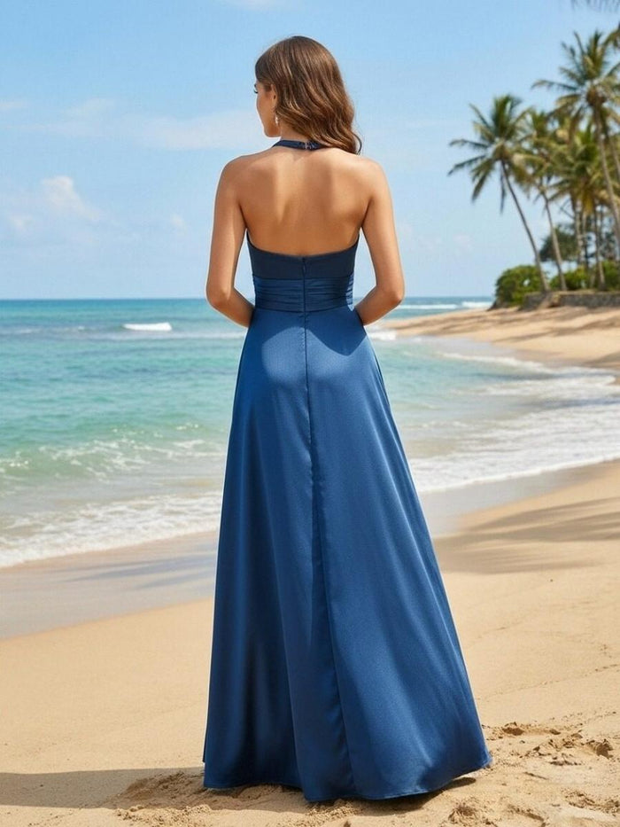 Satin A Line Halter Pleated Formal Dresses