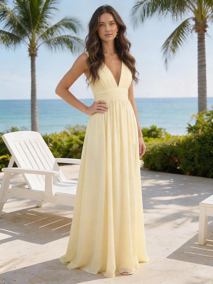 Chiffon A Line V Neck Pleated Formal Dresses with Slit