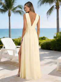 Chiffon A Line V Neck Pleated Formal Dresses with Slit