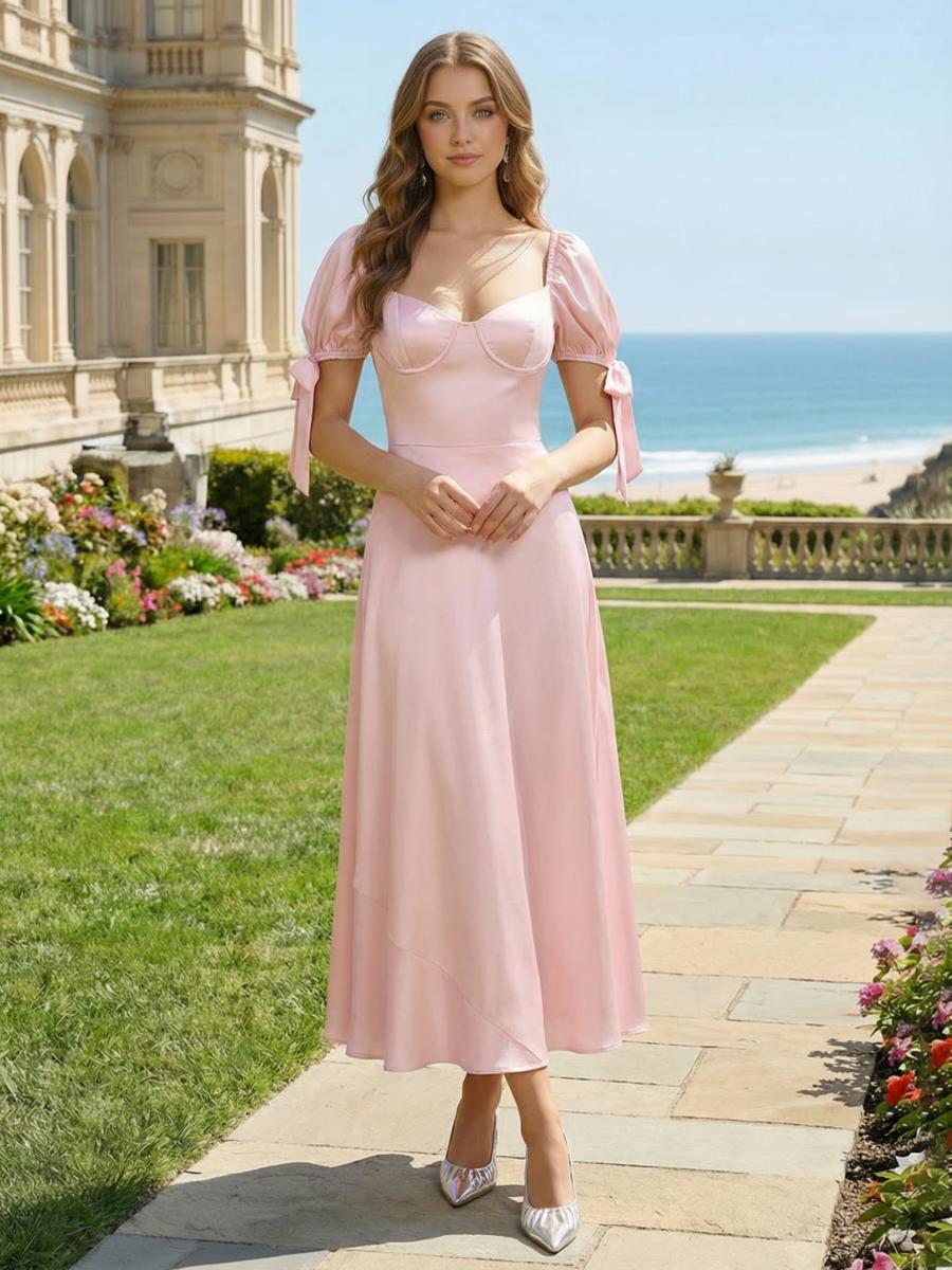 Satin A Line Sweetheart Pleated Formal Dresses with Bow
