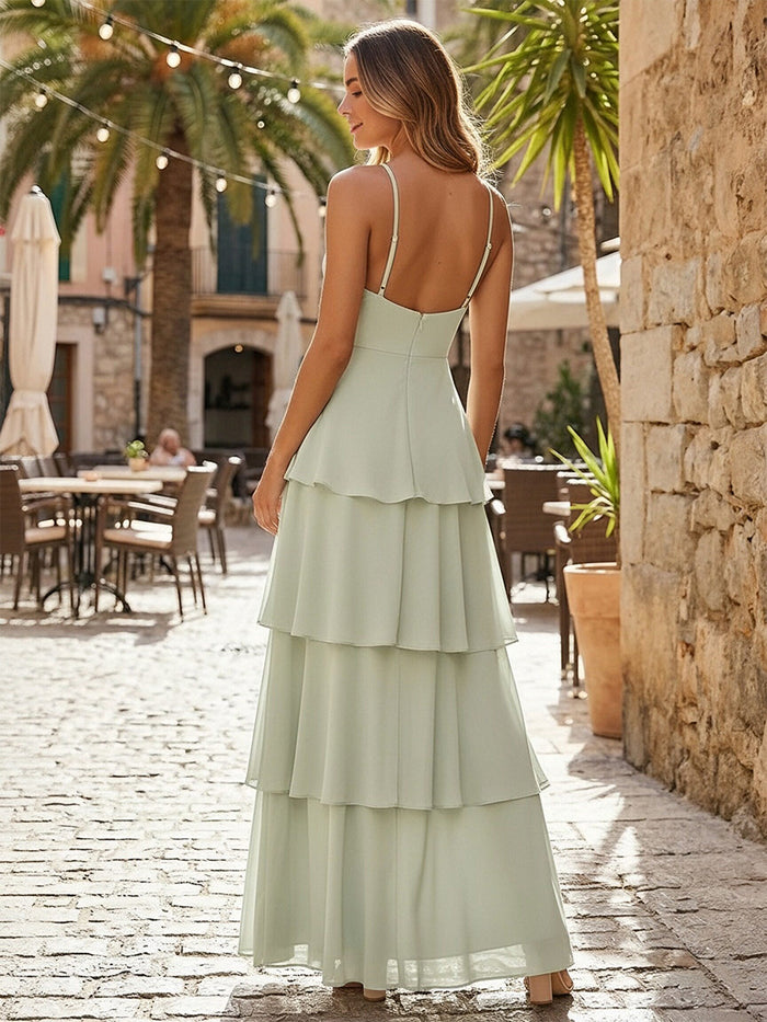 Chiffon Spaghetti Straps Tiered Bridesmaid Dresses