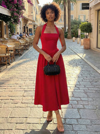 A Line Satin Halter Formal Dresses with Pleats