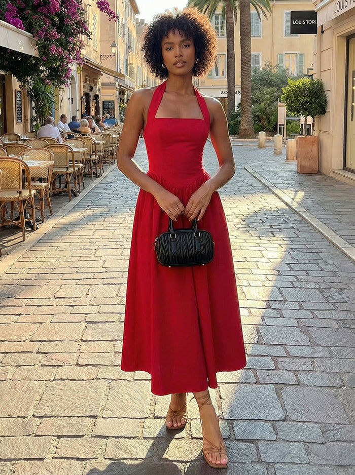 A Line Satin Halter Formal Dresses with Pleats