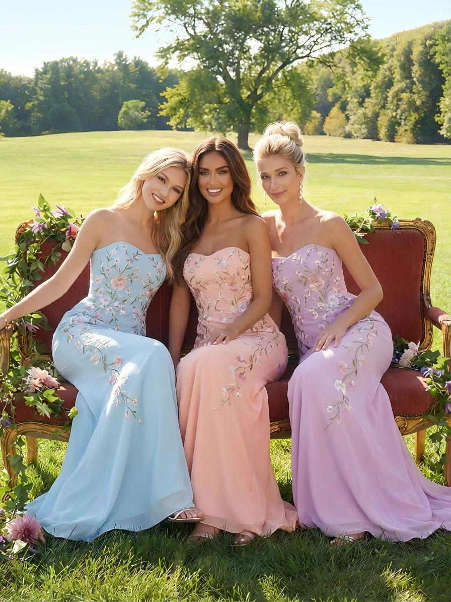 Elegant Chiffon Embroidered Evening Gown Mermaid Strapless Floral Bridesmaid Dresses