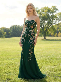 Elegant Chiffon Embroidered Evening Gown Mermaid Strapless Floral Bridesmaid Dresses