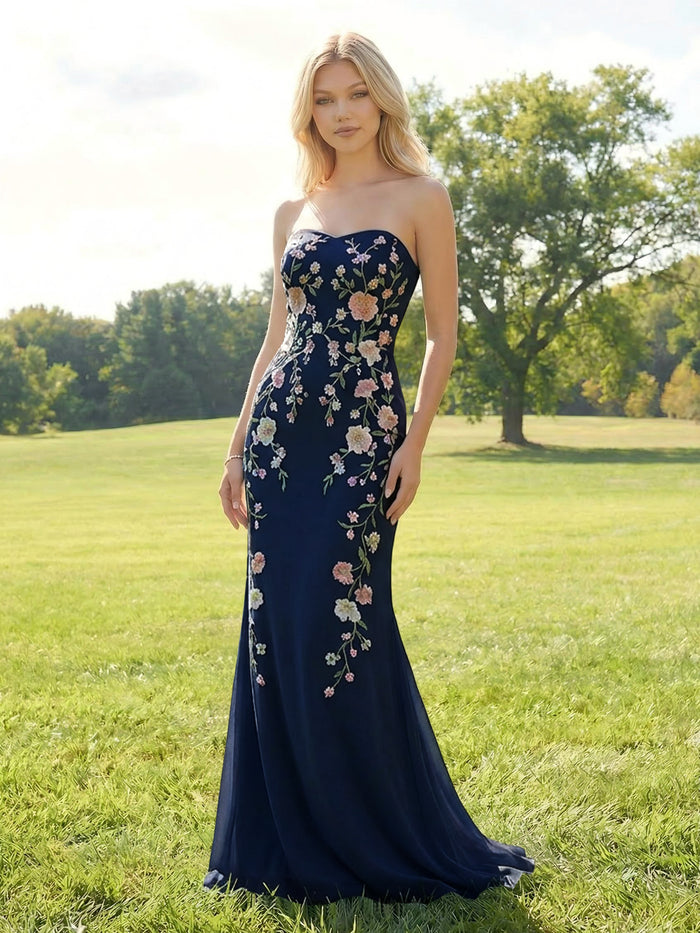 Elegant Chiffon Embroidered Evening Gown Mermaid Strapless Floral Bridesmaid Dresses