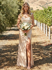 Long Satin Sheath Cowl Neck Pleated Bridesmaid Dresses