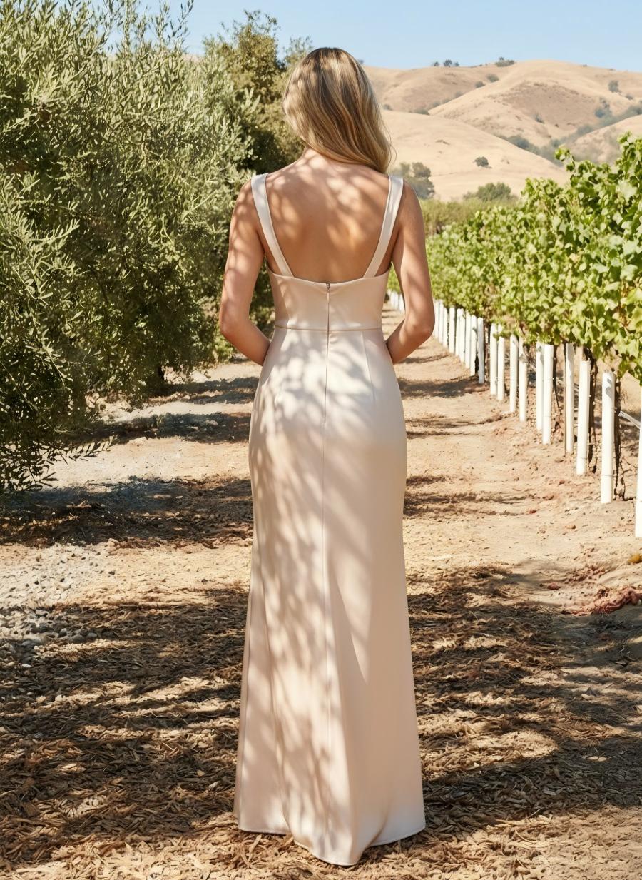 Long Satin Sheath Cowl Neck Pleated Bridesmaid Dresses