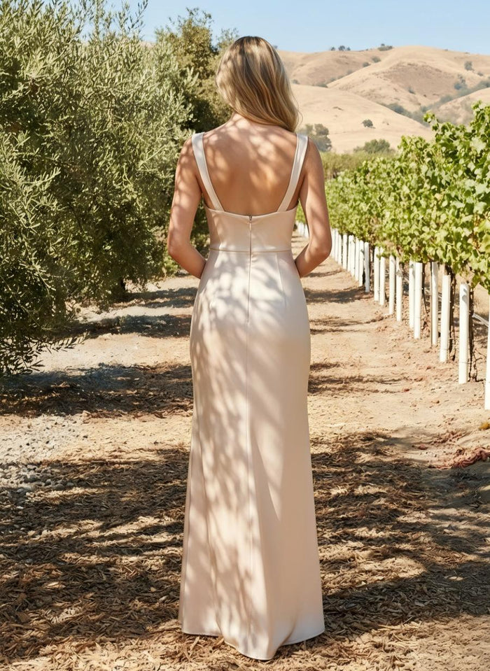 Long Satin Sheath Cowl Neck Pleated Bridesmaid Dresses