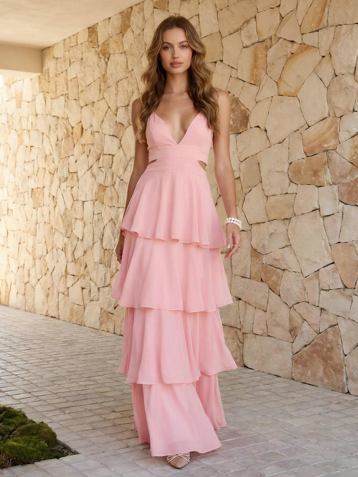 Chiffon Sheath Spaghetti Straps Tiered Formal Dresses