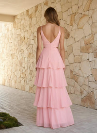 Chiffon Sheath Spaghetti Straps Tiered Formal Dresses