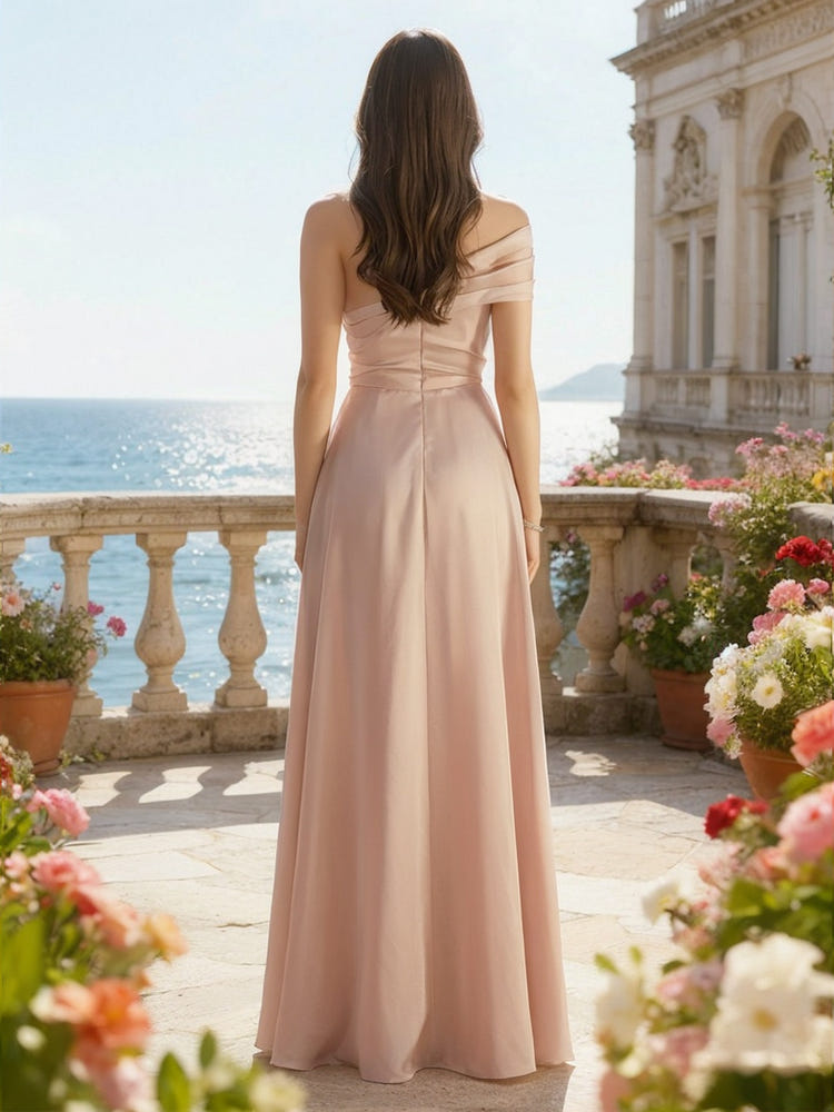 Satin One Shoulder Pleated Formal Dresses