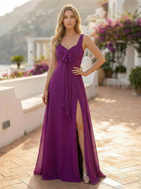 Chiffon V Neck Pleated Formal Dresses with Slit