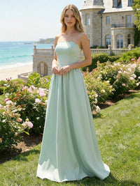 Satin A Line Strapless Pleated Bridesmaid Dresses
