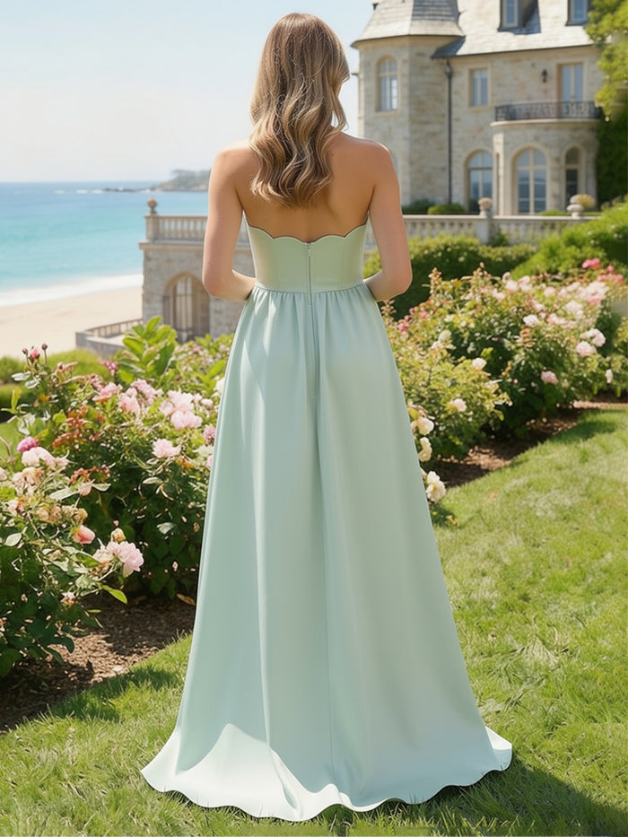 Satin A Line Strapless Pleated Bridesmaid Dresses