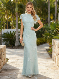 Elegant Tulle 3D Flower Evening Dresses Appliques Round Neck Formal Dresses