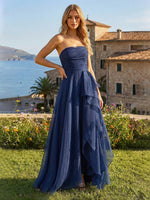 Organza Strapless Formal Dresses with Slit