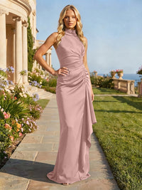 Jersey High Neck Pleated Formal Dresses
