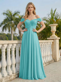Off the Shoulder Formal Chiffon Lace Appliques Evening Dresses