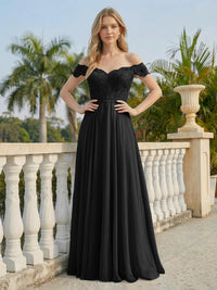 Off the Shoulder Formal Chiffon Lace Appliques Evening Dresses