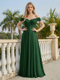 Off the Shoulder Formal Chiffon Lace Appliques Evening Dresses