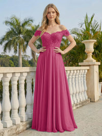 Off the Shoulder Formal Chiffon Lace Appliques Evening Dresses