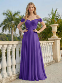 Off the Shoulder Formal Chiffon Lace Appliques Evening Dresses