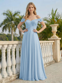 Off the Shoulder Formal Chiffon Lace Appliques Evening Dresses