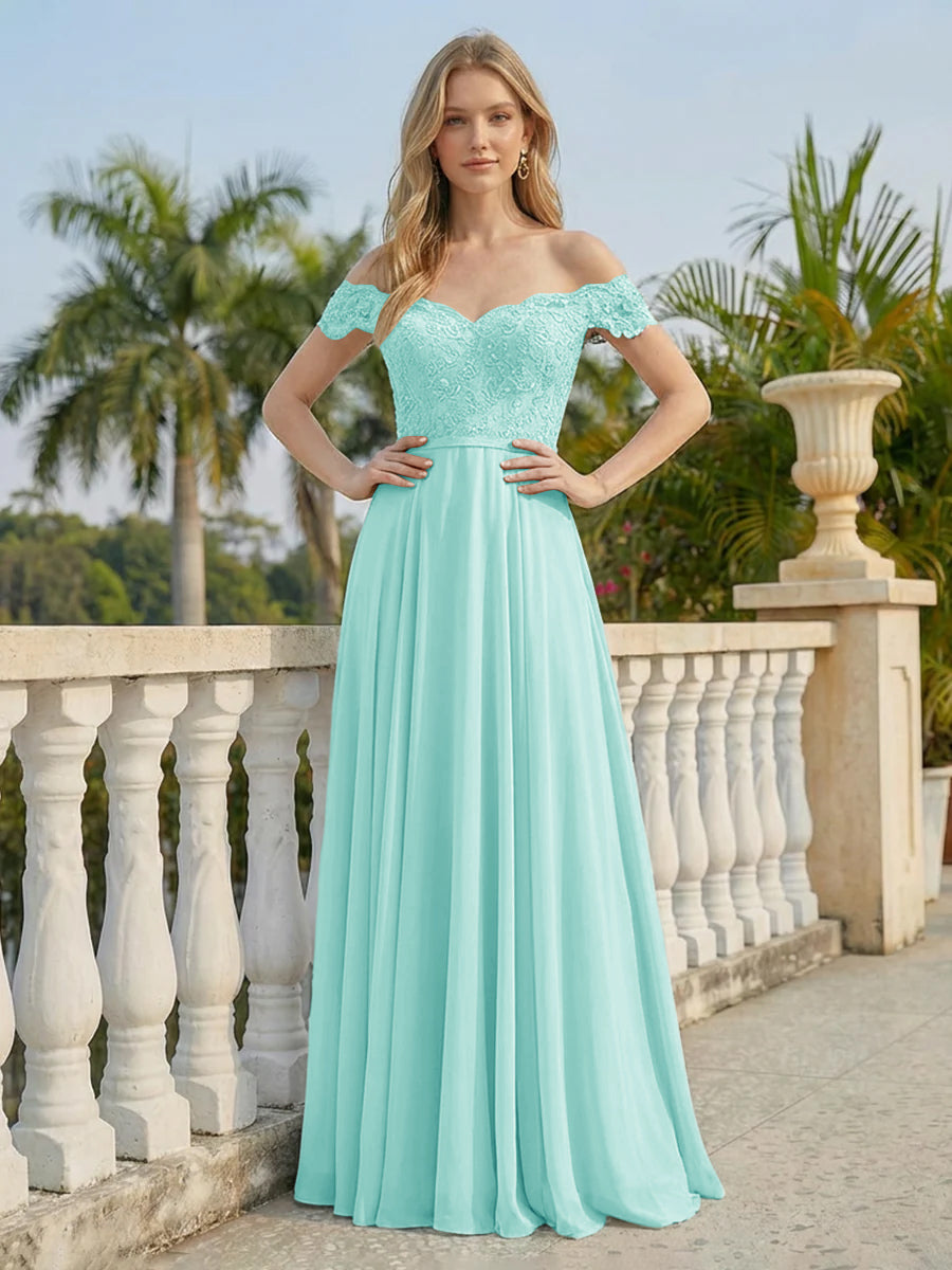 Off the Shoulder Formal Chiffon Lace Appliques Evening Dresses