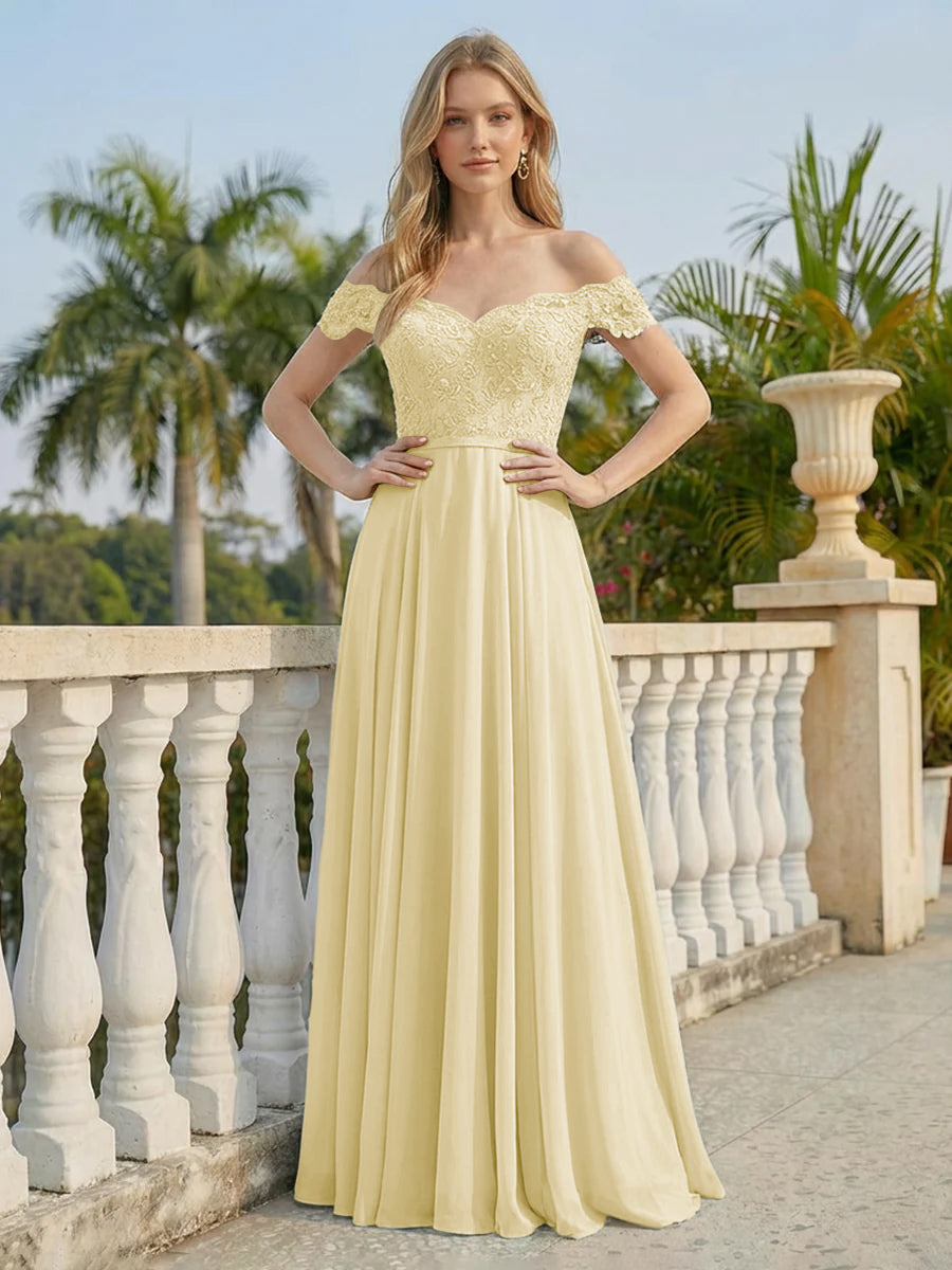 Off the Shoulder Formal Chiffon Lace Appliques Evening Dresses