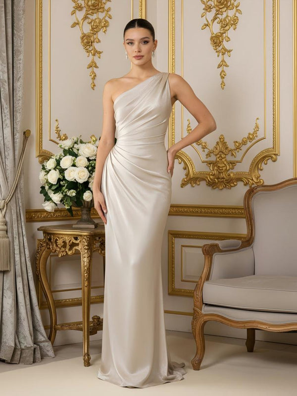 One Shoulder Satin Mermaid Pleated Bridesmaid Dresses