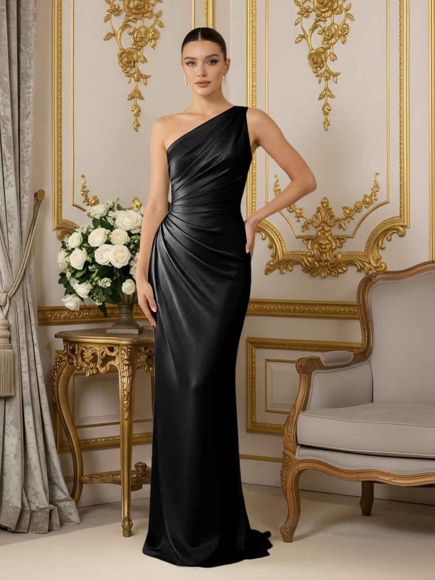 One Shoulder Satin Mermaid Pleated Formal Dresses