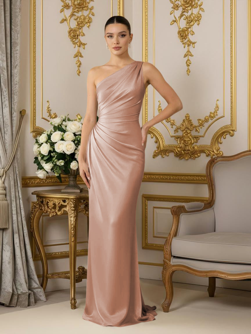 One Shoulder Satin Mermaid Pleated Formal Dresses