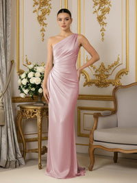 One Shoulder Satin Mermaid Pleated Formal Dresses