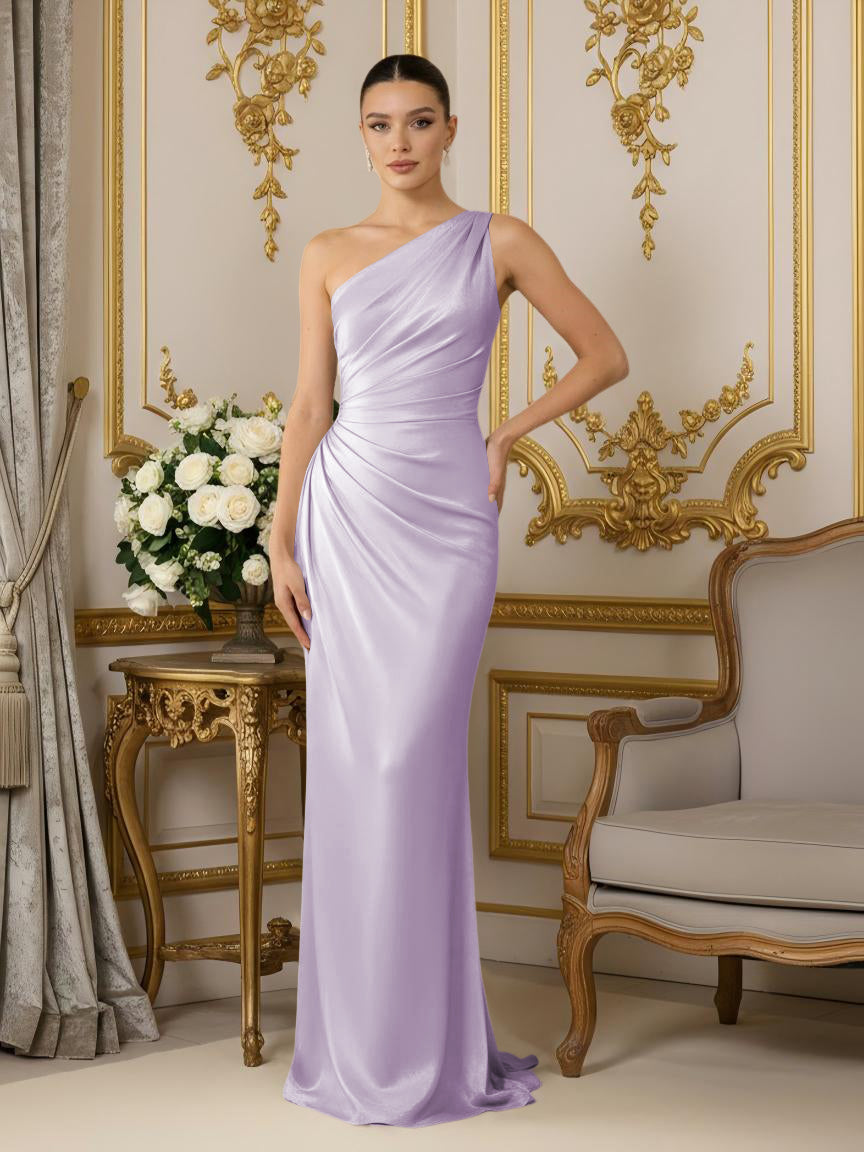 One Shoulder Satin Mermaid Pleated Formal Dresses