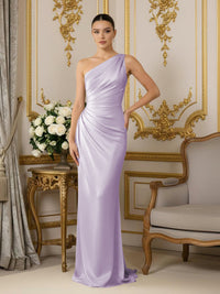 One Shoulder Satin Mermaid Pleated Formal Dresses