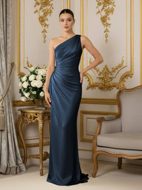 One Shoulder Satin Mermaid Pleated Formal Dresses