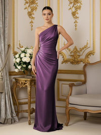 One Shoulder Satin Mermaid Pleated Formal Dresses
